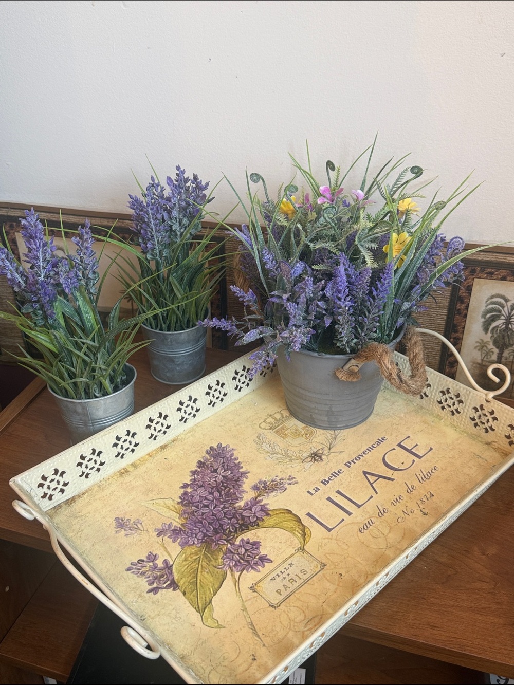 Lavender Faux Floral Arrangement in Gray Metal Planter - Home Accents